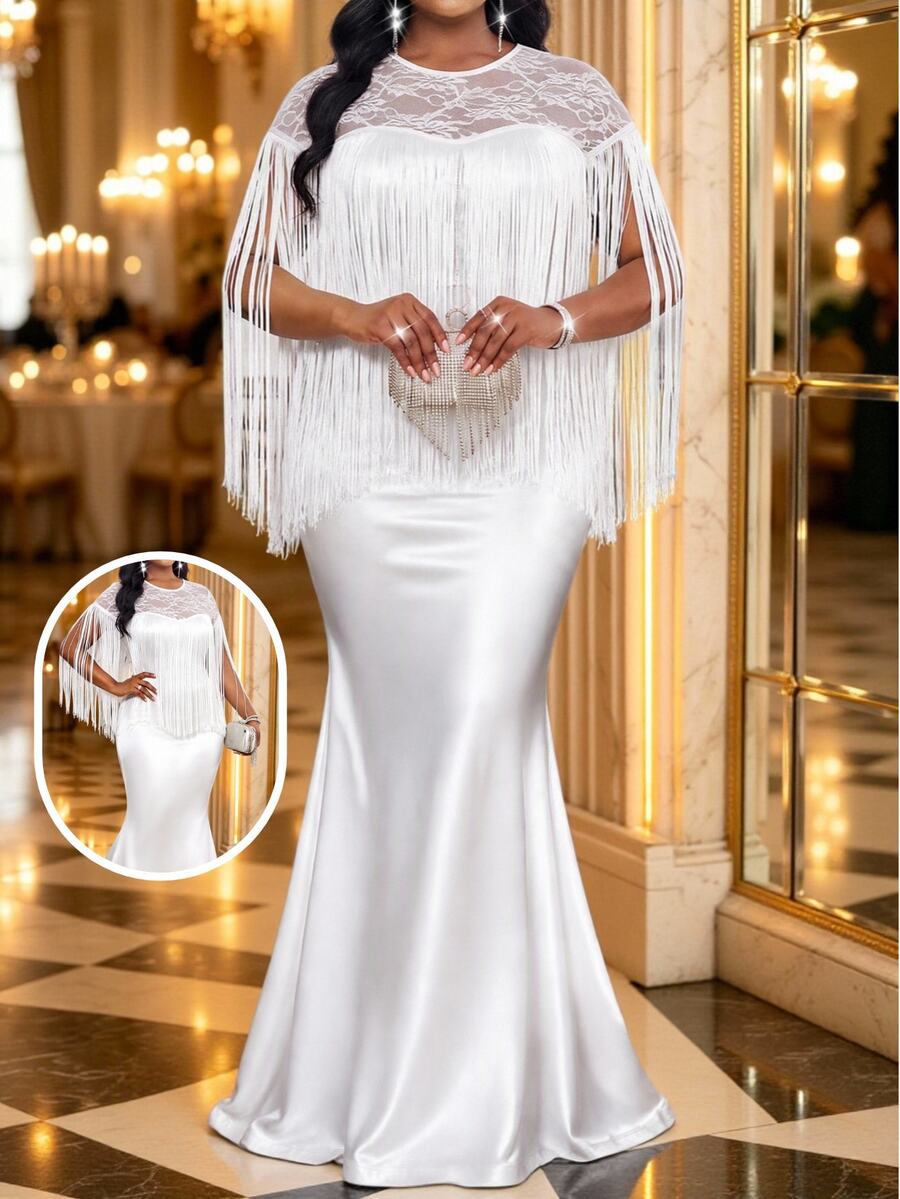 Fleurora Plus Size Women's Elegant Dress With Contrast Lace, Tassel Design And Mermaid Hem - White - View 1