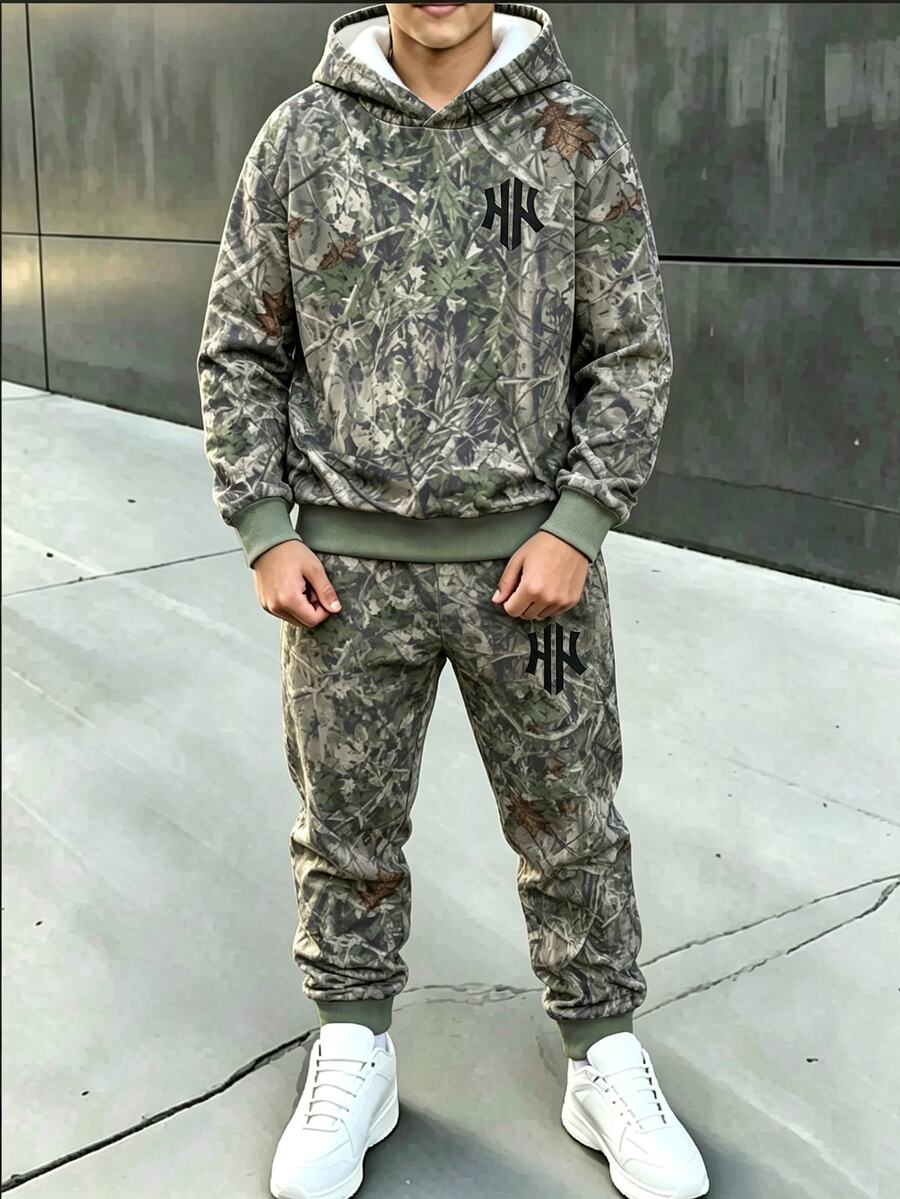 青少年男孩漸層牛仔效果 Logo 印花連帽衛衣與配套慢跑長褲 2 件套街頭風套裝 - 彩色 - 查看 1