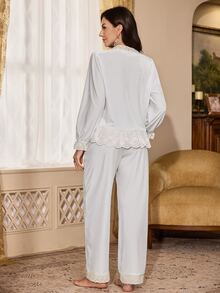 PalaceNights Women's Autumn/Winter Velvet Royal Style Embroidered Lace Tie Long Sleeve Pajama Set - White - View 2