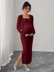 Momance Maternity Striped Colorblock Side Slit Spaghetti Strap Dress With Long Sleeve Cardigan 2 Pieces Set - Burgundy - View 5