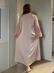 Dazy Plus Patchwork Camisole Maxi Dress Loose Long Cardigan Home Wear Elegant Pajama Set - Pink - View 4