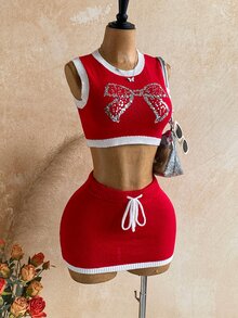 Soleia Women's Bow Pattern Top And Mini Skirt Fashion Knit Two Pieces Set - Red - View 4