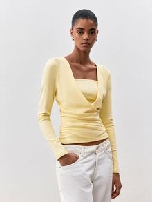 ATUI Studio Women's Korean Style Pleated Long Sleeve T-Shirt For Daily Wear - Yellow - View 4