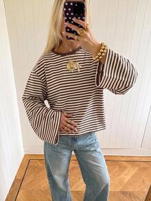 SHEIN EZwear 海外長袖香草巧克力條紋上衣，秋季上衣，適合日常通勤、聚會、秋冬/夏季、聖誕節、新年、感恩節、派對、婚禮、海灘、畢業典禮、優雅、外出、約會、通勤、情人節、優雅、度假、Y2K、畢業典禮等場合 - 彩色 - 查看 5