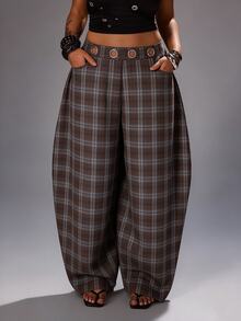 Rustia Plus Size Dark Style Grommet Decor Curved Leg Pants Fall - Multicolor - View 1