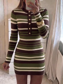 Lavishia 女款優雅日常通勤露肩修身針織長洋裝，初秋百搭長裙，綠色與棕色條紋休閒洋裝，秋冬風格 - 彩色 - 查看 3