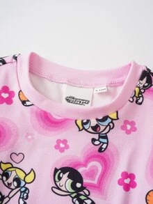 THE POWERPUFF GIRLS X SHEIN 女嬰卡通圖案短袖上衣與長褲休閒日常居家睡衣套裝 - 粉色 - 查看 3