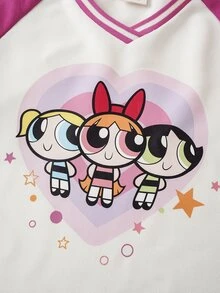 THE POWERPUFF GIRLS X SHEIN بلوزة رياضية كاجوال يومية بأكمام طويلة بنقشة كرتونية للفتيات المراهقات - أبيض - مشاهدة 5