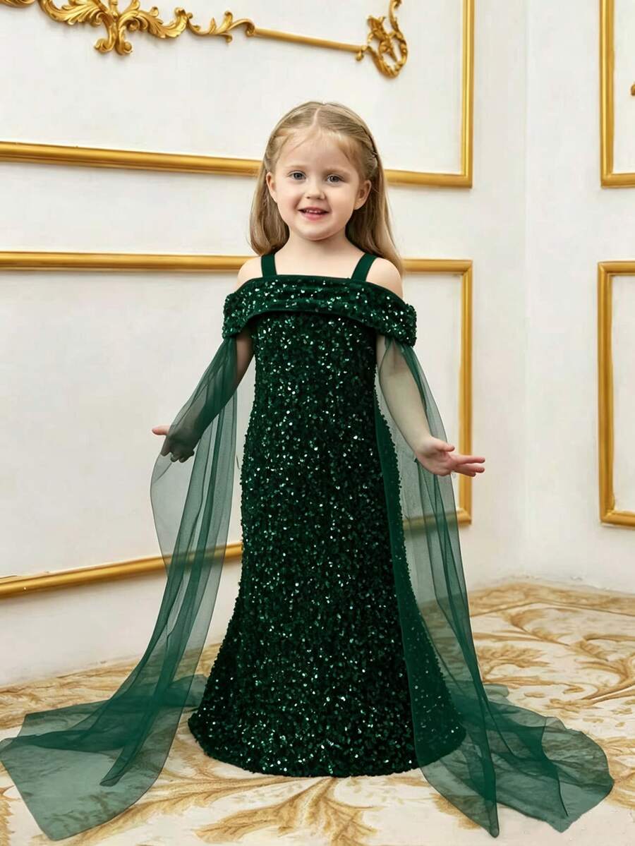 Glamorique Kids 女童優雅迷人可愛嬰兒紅色細肩帶露肩薄紗收腰下擺洋裝,正式禮服冬季婚禮 - 墨綠色 - 查看 1