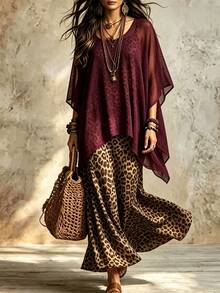 Linhara CURVE Plus Size Women Solid Color Batwing Sleeve Asymmetric Hem Top And Leopard Print Spaghetti Strap Dress Casual 2 Pieces Set - Burgundy - View 5