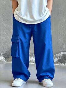 SHEIN 青少年男孩休閒日常舒適工裝直筒寬鬆長褲，黑色工裝褲，新年，6-7歲，適合外出、出遊、上學，春、夏、秋、冬 - 寶藍色 - 查看 2