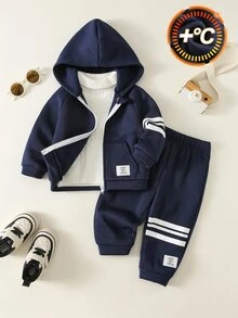 SHEIN 2件組嬰兒男孩女孩運動休閒日常舒適白色字母裝飾與白色條紋海軍藍寬鬆連帽開襟運動衫與長褲套裝，適合外出、上學、日常運動，秋冬款 - 藏蓝色 - 查看 4