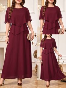 Amorya Women's Elegant Solid Color Round Neck Pullover Cape Sleeve Long Dress - Burgundy - View 7