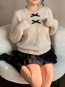 Dazy Plus Women's Elegant Contrast Color Bow Cardigan Sweater, Versatile Autumn Top - Apricot - View 4