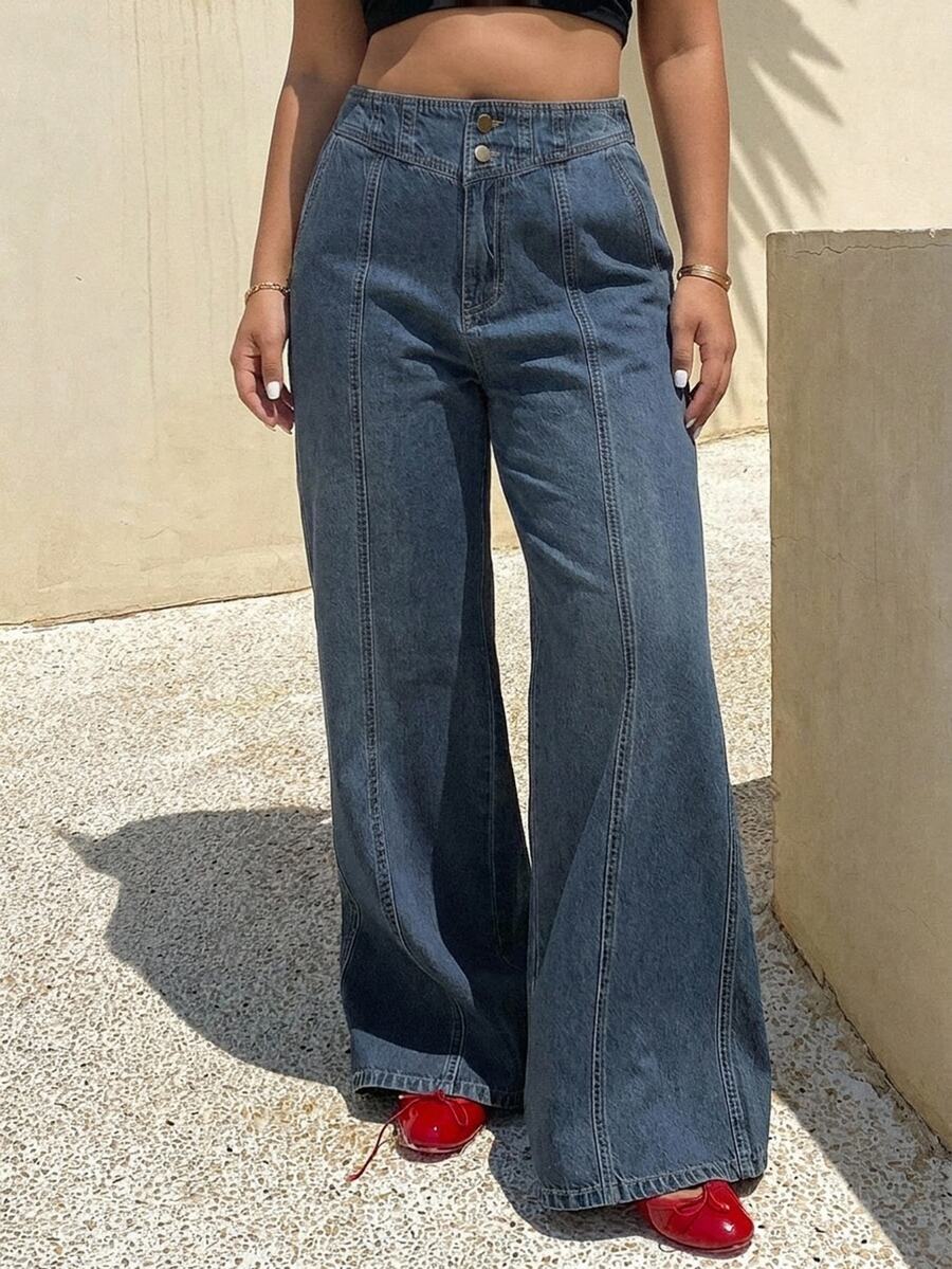 Dazy Plus Spring/Autumn New Vacation Outfit Blue Cotton Flare Jeans With Distressed Split Line Slimming Denim Pants - Medium Wash - View 1
