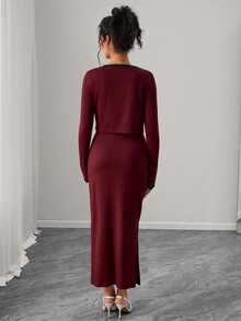 Momance Maternity Striped Colorblock Side Slit Spaghetti Strap Dress With Long Sleeve Cardigan 2 Pieces Set - Burgundy - View 2