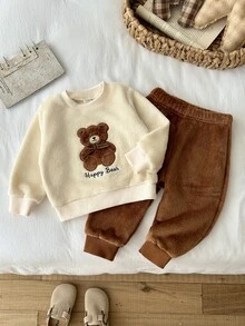 SHEIN Vintaside Kids 2件組男嬰可愛米色棕熊蝴蝶結刷毛刺繡長袖圓領厚款戶外秋冬節日套裝 - 棕色 - 查看 5
