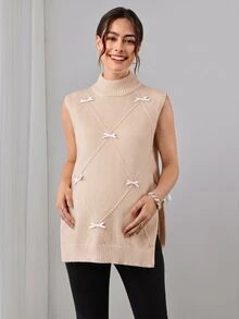 Momance 孕婦針織背心，寬鬆版型，小高領配蝴蝶結肩帶，開衩下擺設計，休閒日常穿搭，圓領套頭針織背心 - 杏色 - 查看 4