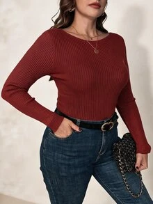 SHEIN Clasi 大尺碼女款淺杏色船領長袖基礎層針織衫，秋冬基本款套頭衫 - 酒紅色 - 查看 6