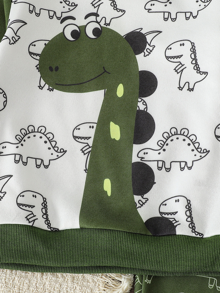 Genkimix Kids 2pcs Young Boy Casual Sports College Street Style Cute Cool Dinosaur Pattern Sweatshirt + Pants, Suitable For Daily Wear, School, Outings, Sports, Spring And Autumn Seasons, Providing Multiple Matching Options For Boys, Increasing The Diversity Of Clothing Combinations, Overall Design Is Simple And Elegant, Comfortable And Fashionable To Wear - Green - View 6