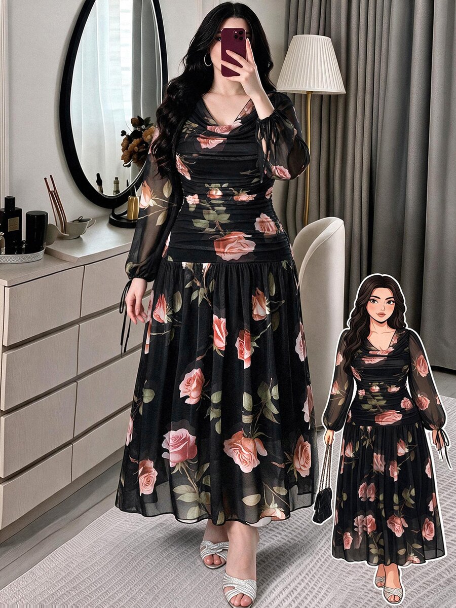 Feyla Plus Size French Floral Print Cowl Neck Pleated Dress - Multicolor - View 1