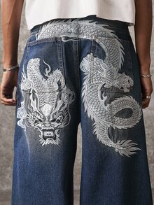 ROMWE MEN Street Life Men's Casual Everyday Travel Denim Jeans With Pocket, Button And Dragon Pattern - Blue - View 2