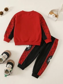 2件組幼童男童冬季刷毛黑色與紅色蜘蛛網印花長袖圓領休閒舒適運動衫與運動褲套裝，針織運動衫 - 白色 - 查看 4