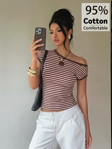 Aloruh 95%棉女款條紋不對稱肩短袖修身休閒T恤，棕色與粉色條紋不對稱肩T恤，休閒極簡日常百搭，約會與外出穿搭，女款秋季服飾，秋季穿搭，女款通勤穿搭，百搭上衣，外出穿搭，機場穿搭 - 白色 - 查看 6