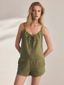Ocili 舒適純棉柔軟網眼雙層細肩帶背心短褲睡衣套裝 女款居家服 - 墨綠色 - 查看 2