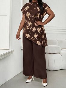 SHEIN Lady 大尺碼女款花卉印花休閒日常穿著上衣 - 棕色 - 查看 5