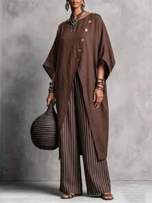 SHEIN Summer New Vintage Chocolate Brown Asymmetric Button Top And Loose Pants 2 Pieces Set, Casual Commuter Wear, Suitable For Daily Office Everyday Travel - Brown - View 4