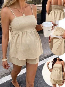 SHEIN Women's Casual Vacation Solid Color Ruffle Collar Cardigan & Shorts Maternity Set, Spring/Summer - Apricot - View 11