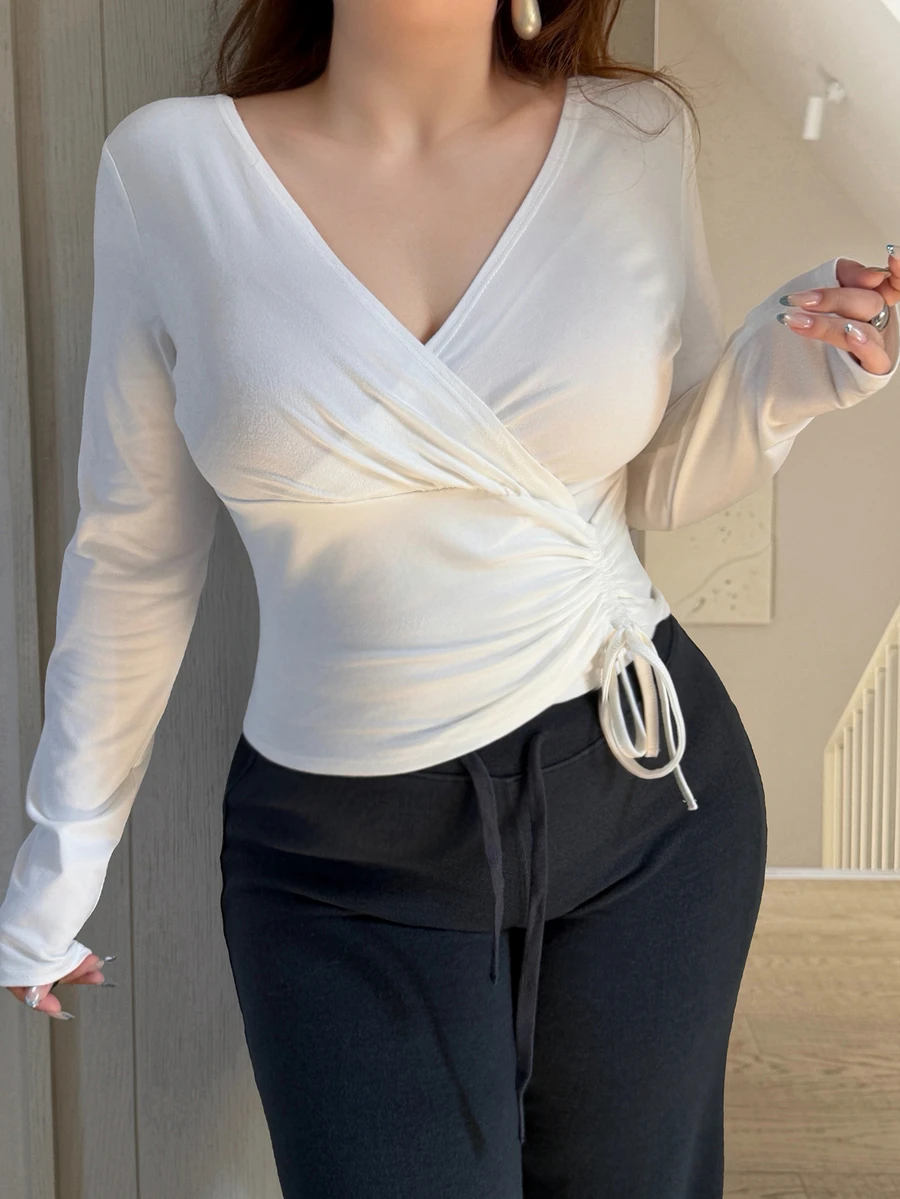 REIGN AVE Elastic Fitted Cinched Waist Short Pullover White Long Sleeve T-Shirt - White - View 1