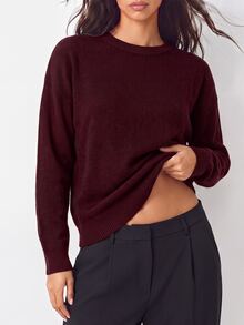 YARNWELL Women's Street Vintage Ribbed Patchwork Long Sleeve Sweater - Burgundy - View 3