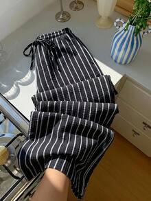 SHEIN EZwear 女款休閒條紋拼色抽繩腰長褲 - 黑色 - 查看 4