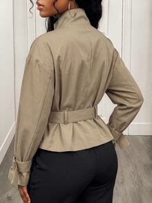 BamGleam Women's Solid Color Long Sleeve Single-Breasted Casual Trench Coat Jacket - Khaki - View 2