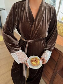 Dazy Plus Autumn Winter Elegant Velvet Long Pants 2-Piece Pajama Set - Brown - View 5