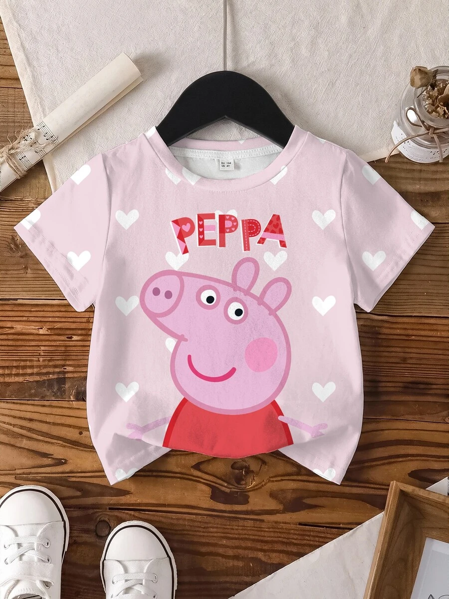 Peppa Pig X SHEIN Young Girl Cartoon Print Short Sleeve T-Shirt, Casual - White - View 1