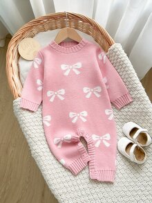 SHEIN Baby Girl Cute Bow Pattern Pink Knit Romper, Suitable For Autumn/Winter - Pink - View 2