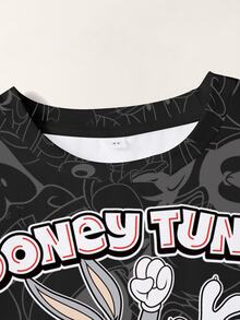 LOONEY TUNES X SHEIN تي شيرت كاجوال للأولاد الصغار بطبعة كرتونية للأحرف، بياقة دائرية وأكمام قصيرة - أبيض - مشاهدة 4