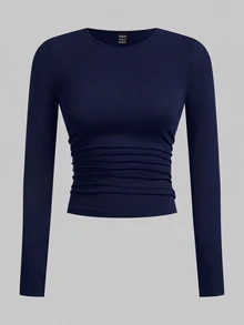 SHEIN EZwear 多色針織女款修身T恤 - 酒紅色 - 查看 4