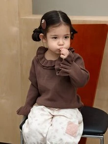 DAZY Infant/Toddler (Girl) Round Neck Ruffle Trim Solid Color Long Sleeve Autumn/Winter Sweater - Coffee Brown - View 3
