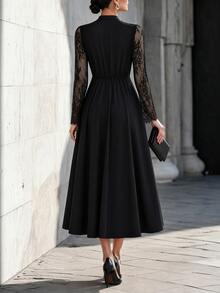 SHEIN French Vintage Lace Patchwork Dress With Pearl Waist Decor, Pleated Full Skirt, Long Dress - Black - View 2