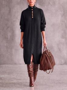 LUMIGAL Women's Solid Color Split Design Casual Party Knit Dress - Black - View 3