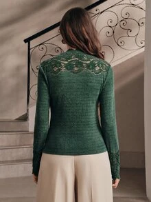 Anewsta Dark Green Lace Beaded Patchwork Knit Fitted Long Sleeve Women's T-Shirt - Dark Green - View 7