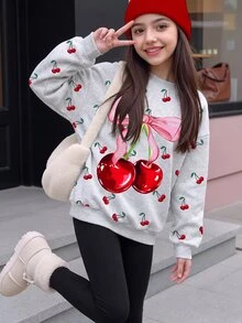Tween女孩休閒簡約可愛蝴蝶結與櫻桃印花，美式復古咖啡色，圓領衛衣與鬆緊腰長褲套裝，適合秋冬保暖，Kawaii舒適秋冬風格，秋季新款 - 白色 - 查看 3