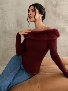 Firerie Sweater Pullover Kerah Bulu Wanita Biasa - Coffee Brown - View 6