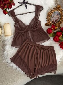 SHEIN 女款網紗鋼圈薄罩杯性感內衣套裝 情人節款 - 咖啡棕 - 查看 1
