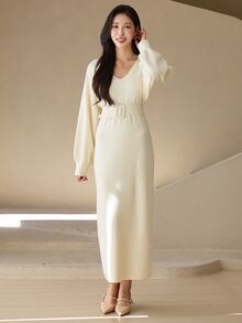 DAZY Women's Solid Color V-Neck Casual Everyday Knit Dress - Beige - View 3