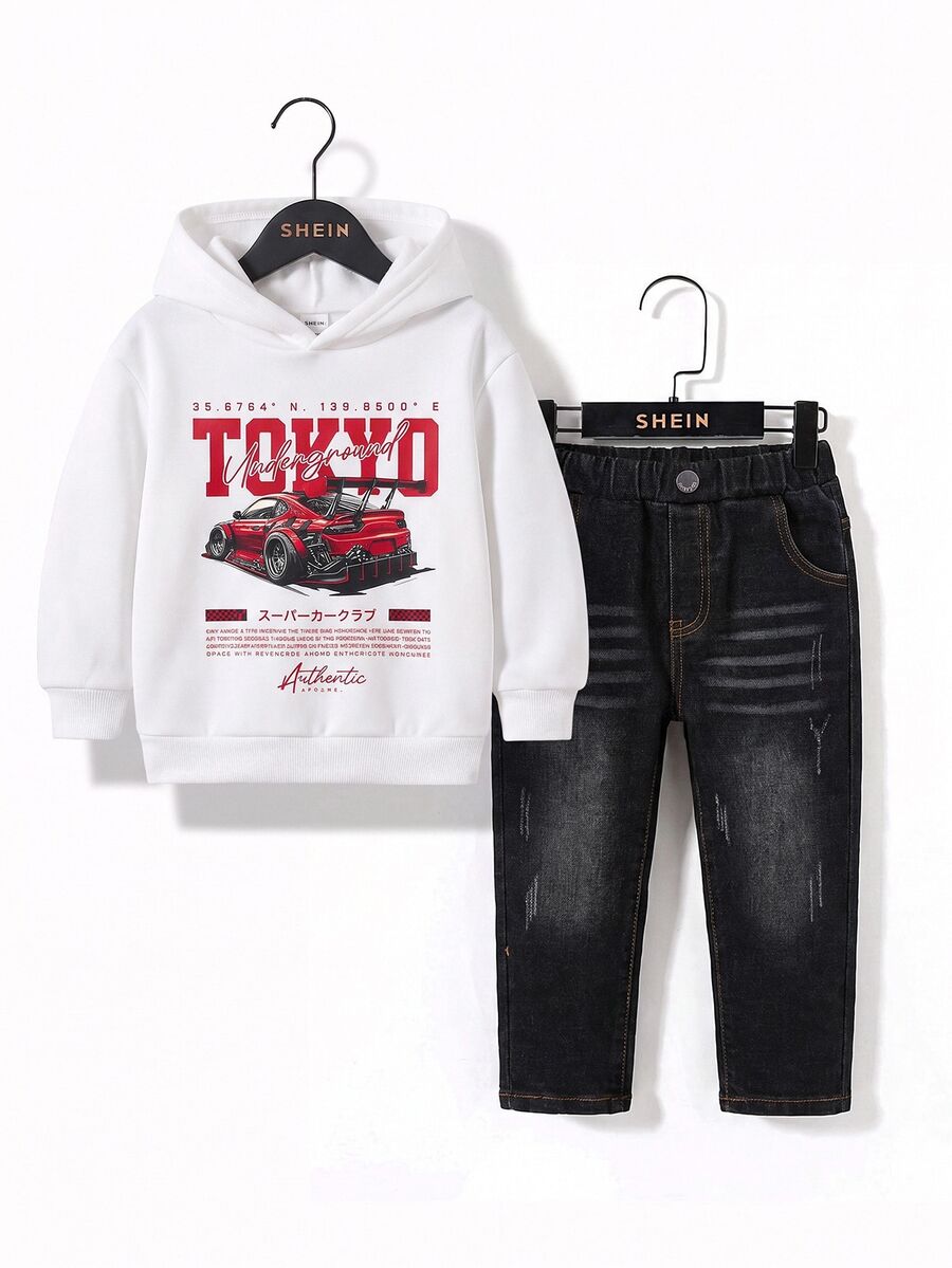 SHEIN Young Boys 2pcs/Set Street Cool Denim Look Spider Graphic Red Sweatshirt & Black Distressed Ripped High Stretchy Skinny Denim Jeans OutfitFor - Multicolor - View 1
